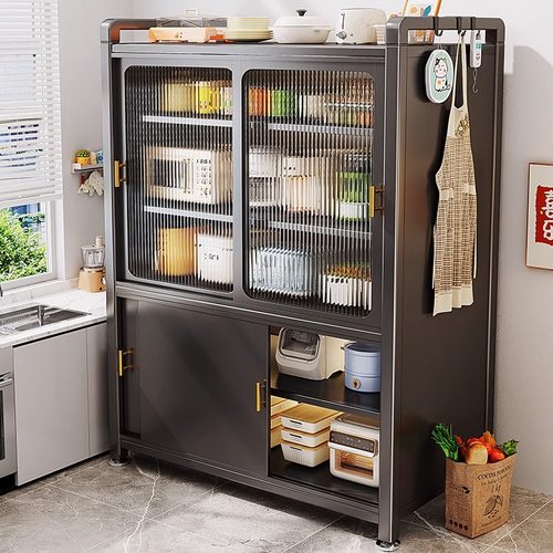 厨房置物架多层推拉门锅碗收纳柜家用餐边落地多功能储物橱柜