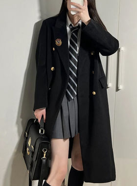 青梅学院风黑色双排扣毛呢大衣外套女中长款小个子JK制服秋冬季