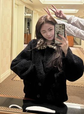 豹纹毛领设计感宽松短外套2025冬季新款简约高级百搭气质黑色外套