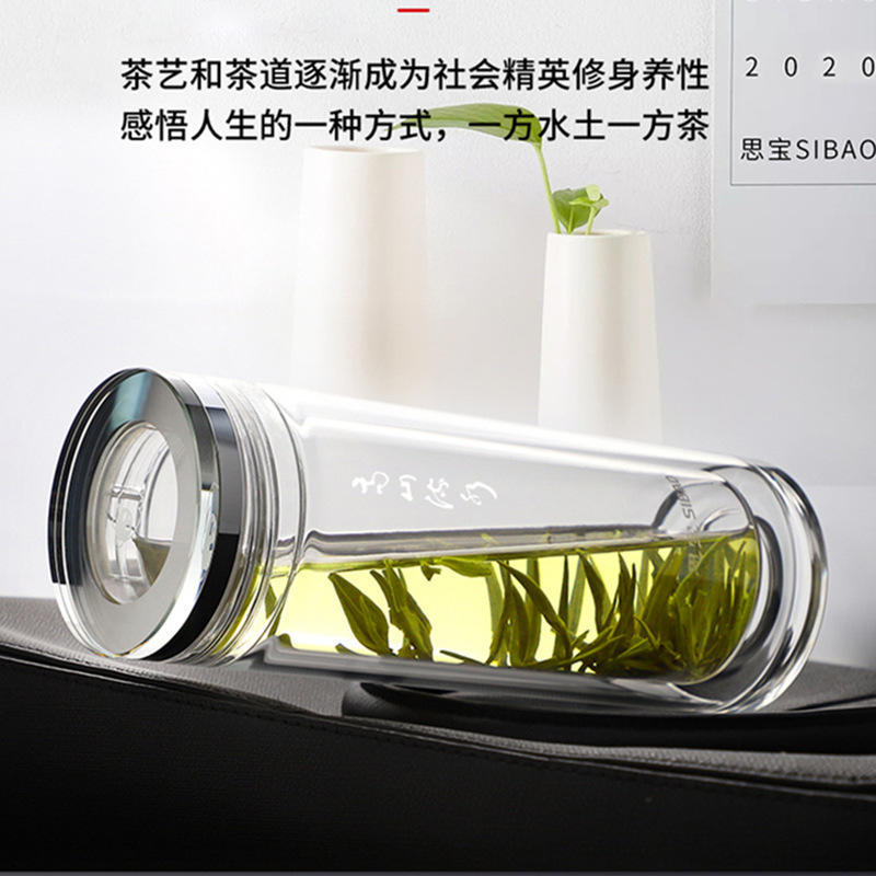 思宝高山流水双层玻璃杯熊猫图案车载水杯商务隔热泡茶高档杯子