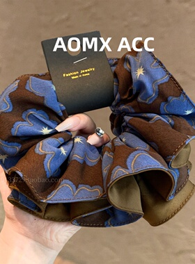 日韩时尚撞色蓝色印花大肠发圈女高级感双层褶皱布艺扎低马尾发圈