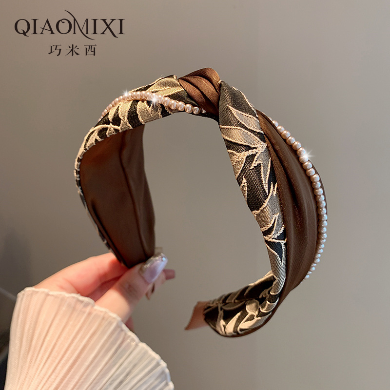 复古高级珍珠缠绕宽边头箍
