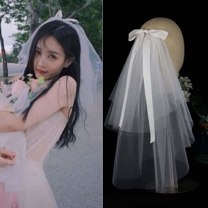 头纱高级感领证法式李一桐同款登记求婚新娘可爱拍照道具白色软纱