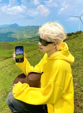 大码300斤美式黄色卫衣男春秋连帽衫高级感阳光干净男生穿搭外套