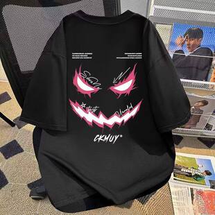 加大码300斤美式高街恶魔印花短袖T恤男夏季新款宽松休闲百搭上衣