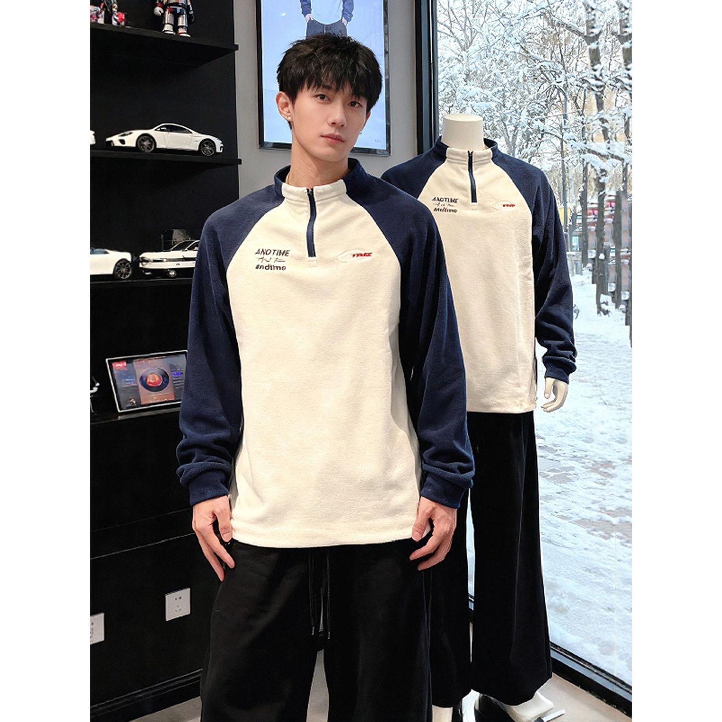 特大码300斤半拉链摇粒绒卫衣男冬加厚插肩长袖t恤运动健身训练服