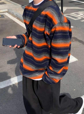 大码300斤橙色条纹圆领撞色卫衣男春秋日系原宿风穿搭宽松长袖T恤