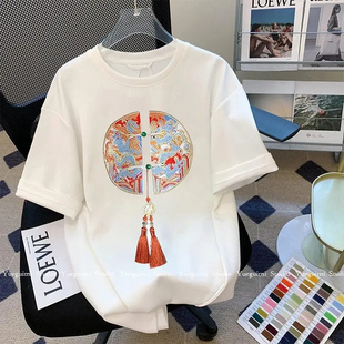 男装 情侣宽松体恤衫 新中式 t恤男女夏季 国风印花纯棉短袖 300斤大码