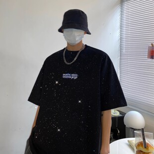 300斤大码男装美式复古短袖T恤男2024夏季新款亮闪闪宽松情侣体恤