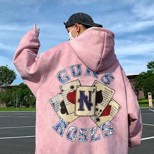 大码 高街麂皮绒重磅卫衣男女秋冬宽松休闲情侣连帽外套 300斤美式