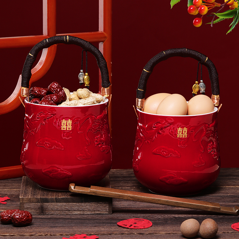 结婚子孙桶一对女方陪嫁妆用品大全娘家婚庆红色喜桶宝桶装饰摆件