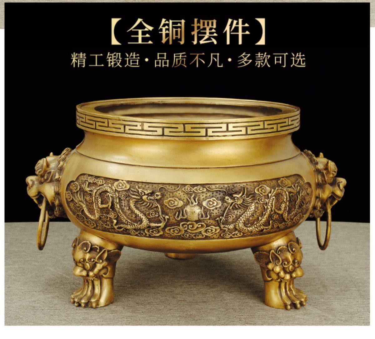 纯铜香炉全铜家用戏珠祠堂特大号寺院供奉招财鼎12寸香炉大口径
