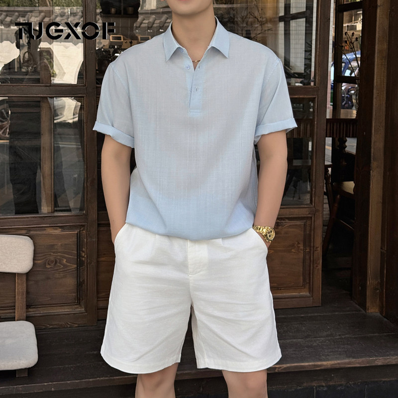 老钱风翻领短袖衬衫男2026夏季轻薄透气休闲百搭男士白色棉麻衬衫