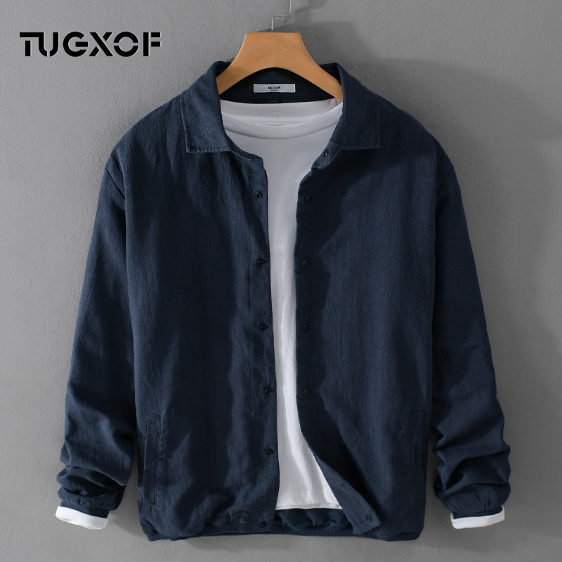 春秋季新款亚麻夹克外套男宽松青年百搭简约休闲棉麻男上衣衬衫潮