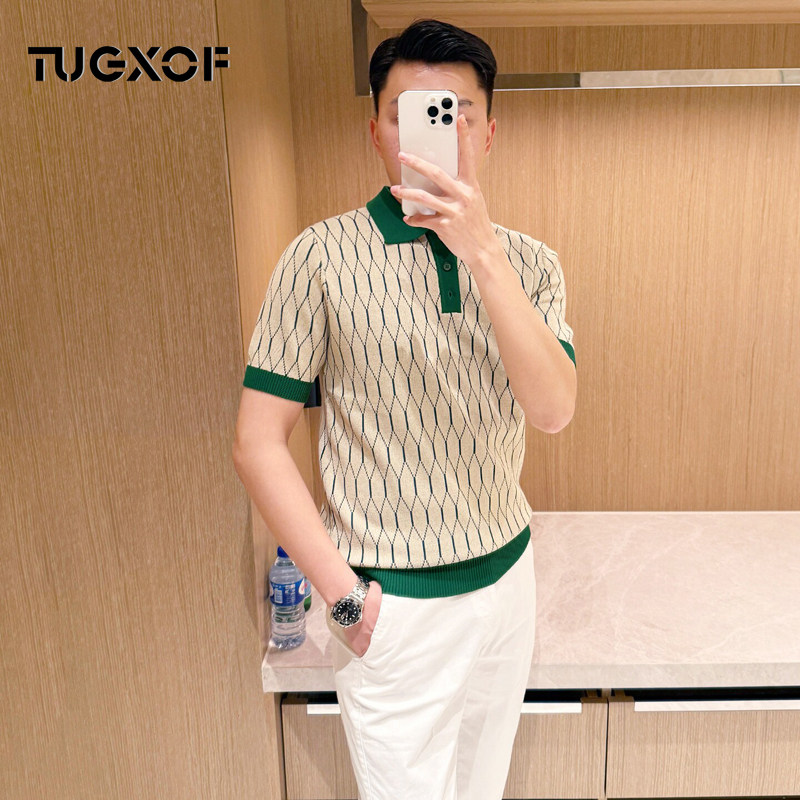 夏季新款polo衫短袖几何图案撞色英伦商务男装休闲气质翻领针织衫