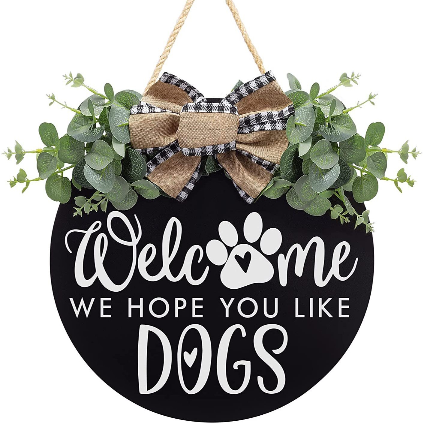 跨境独立站新款花环欢迎花环狗牌春天门墙装饰金钱叶木板门牌装饰