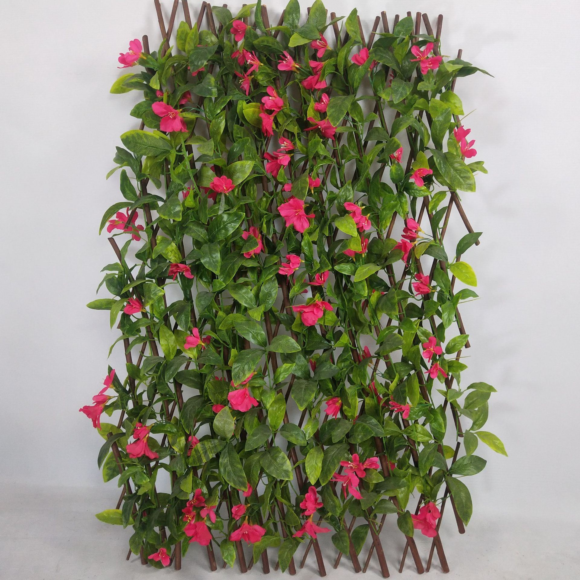 仿真玫红牵牛花鸡心叶大葡萄叶篱笆栅栏墙丝印布料木杆pe厂家直发