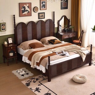 美式中古风实木床1米8双人床高端主卧室大床法式复古床高箱储物床