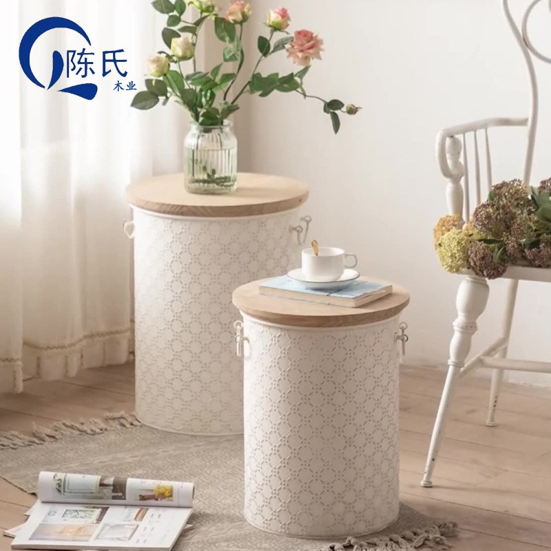 法式铁艺小户型客厅茶几北欧简约创意圆形家具实木铁艺收纳桌边几