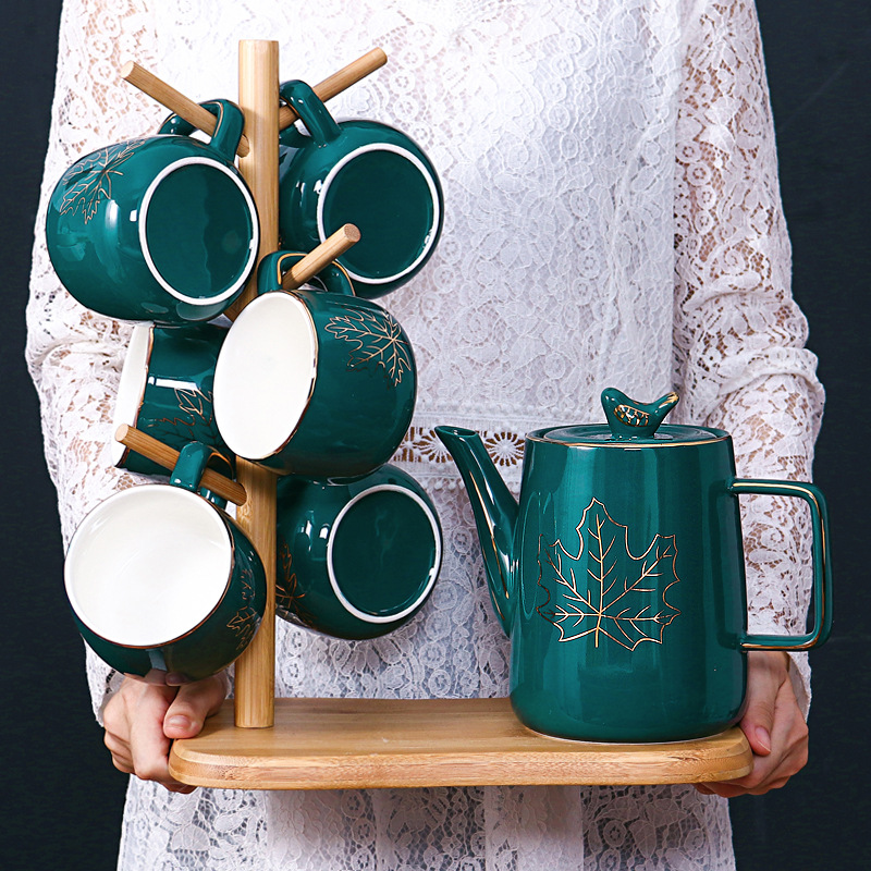 陶瓷杯具8件套带木架北欧风家居日用枫叶陶瓷冷水壶套装大号泡茶