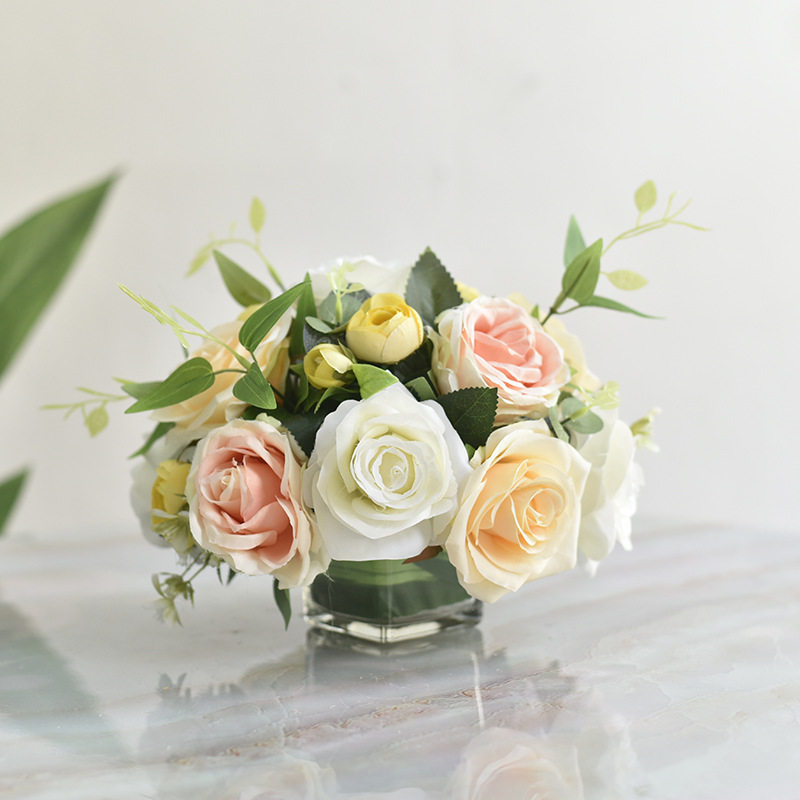 假花仿真花玻璃方杯餐桌花摆件酒店宴会餐厅商务会议桌面装饰花艺