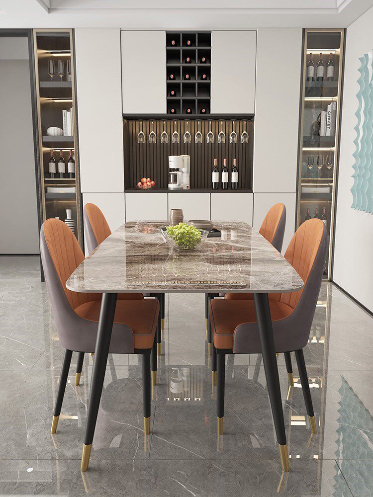 9U岩板餐桌意式轻奢简约家用小户型餐桌椅组合长方形饭桌子轻奢风