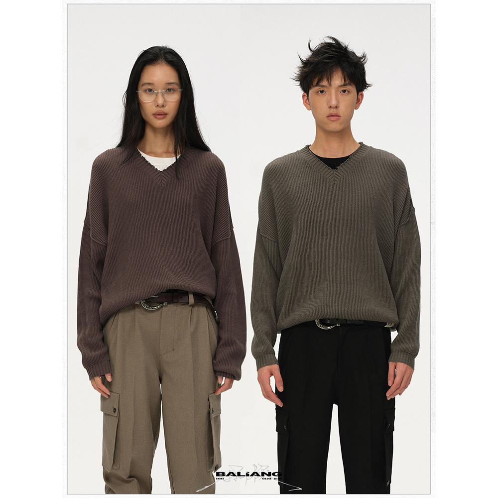 磨边V领亲肤套头线衫捌樑