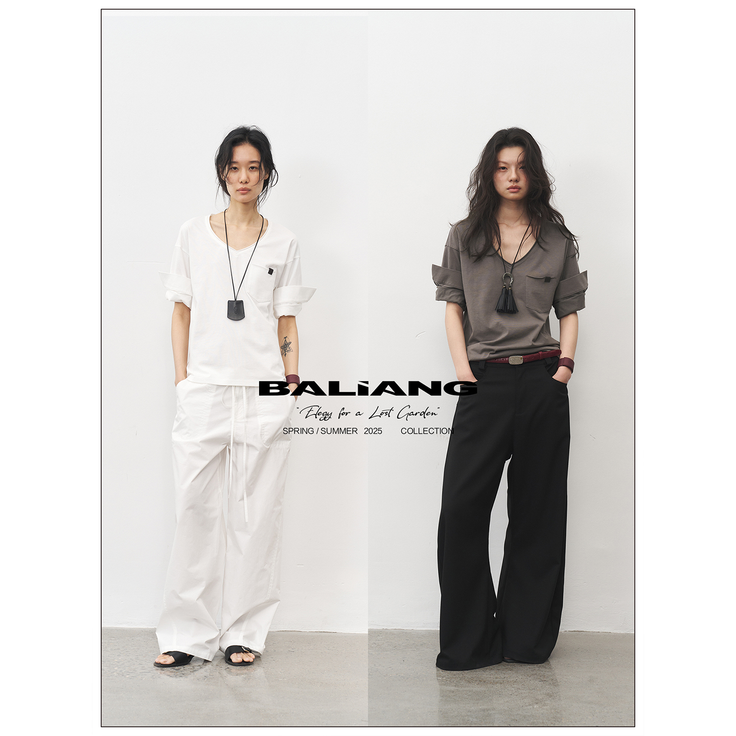 BALIANG「捌樑」岭'Mountain' 棉感V领卷边宽松可翻折落肩短袖T恤