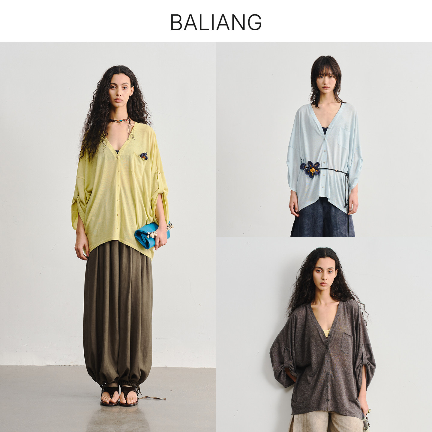 BALIANG捌梁〔菡影〕三色前短后长针织罩衫毛边口袋透感衬衫女