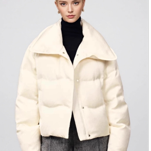 【秀场同款】F家 醋酸缎面白色短款泡芙轻通勤立领羽绒服女25