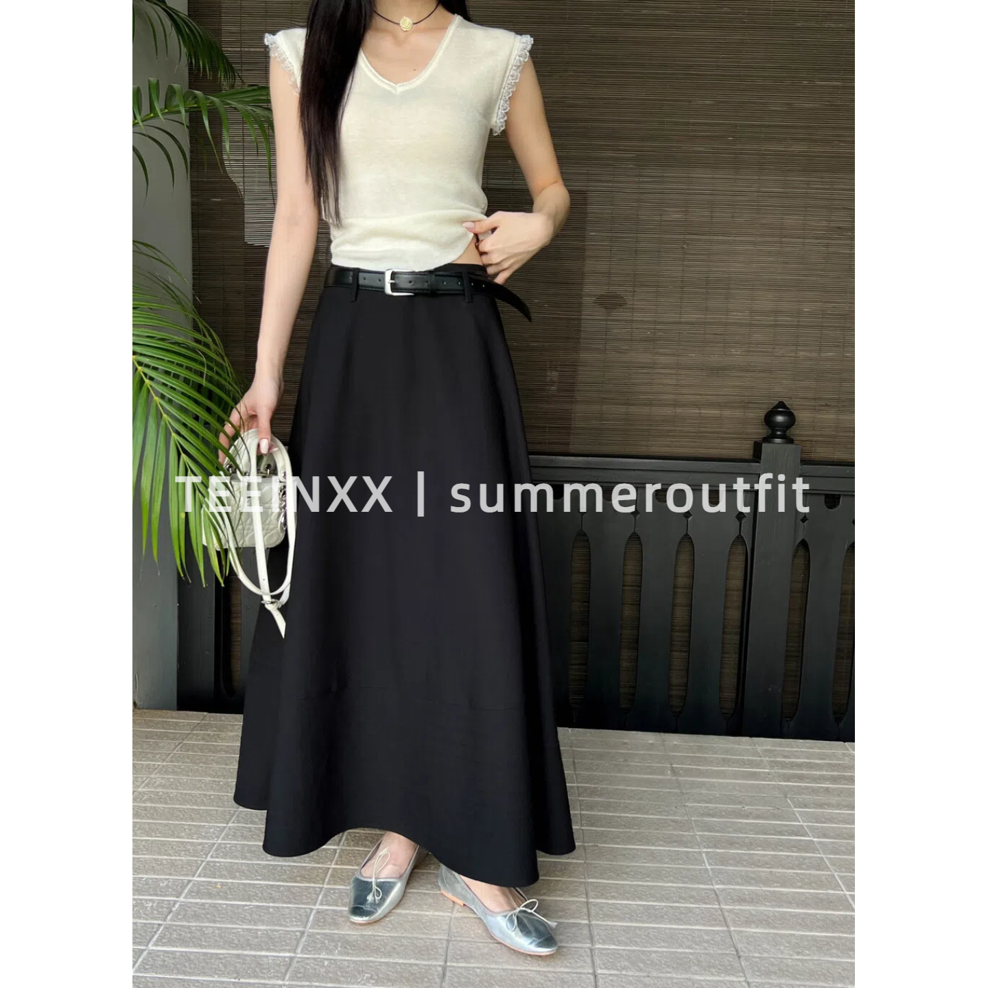 TEEINXX通勤风气质高腰韩版半身裙女带腰带小众休闲纯色西装长裙