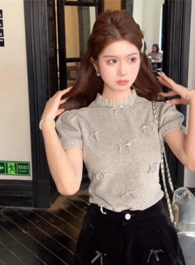 TEEINXX蝴蝶结灰色短袖女2025年夏季新款纯欲泡泡袖T恤短款上衣