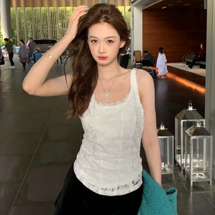 TEEINXX白色u领蕾丝提花吊带背心NZ259