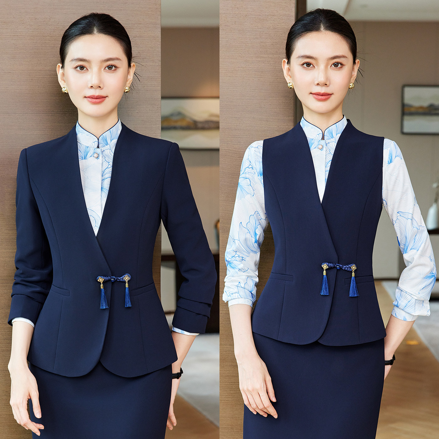 高端酒店餐饮服务员工作服茶楼前台接待新中式职业西装马甲套装女