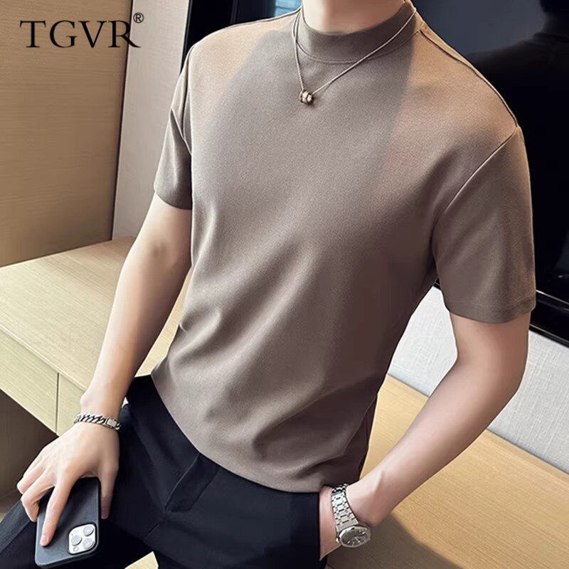 2026春秋季半高领打底衫男短袖百搭男士中圆领内搭t恤高级感咖色