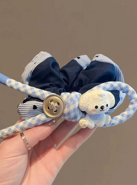 可爱小狗蓝格纹蝴蝶结发圈圈藏青布艺肠2025新款头绳夏天小清新