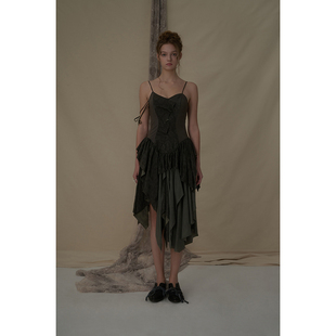 Elywood拼接吊带裙小众原创设计灰绿色显白收腰气质高级感长裙女