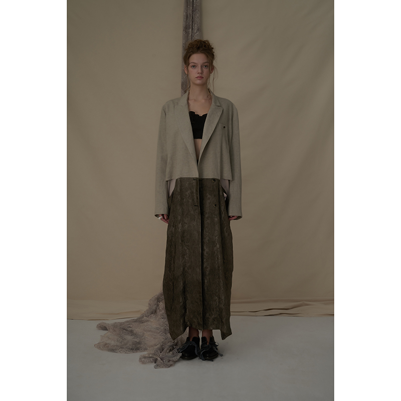 Elywood咖色丝麻暗纹复古半裙