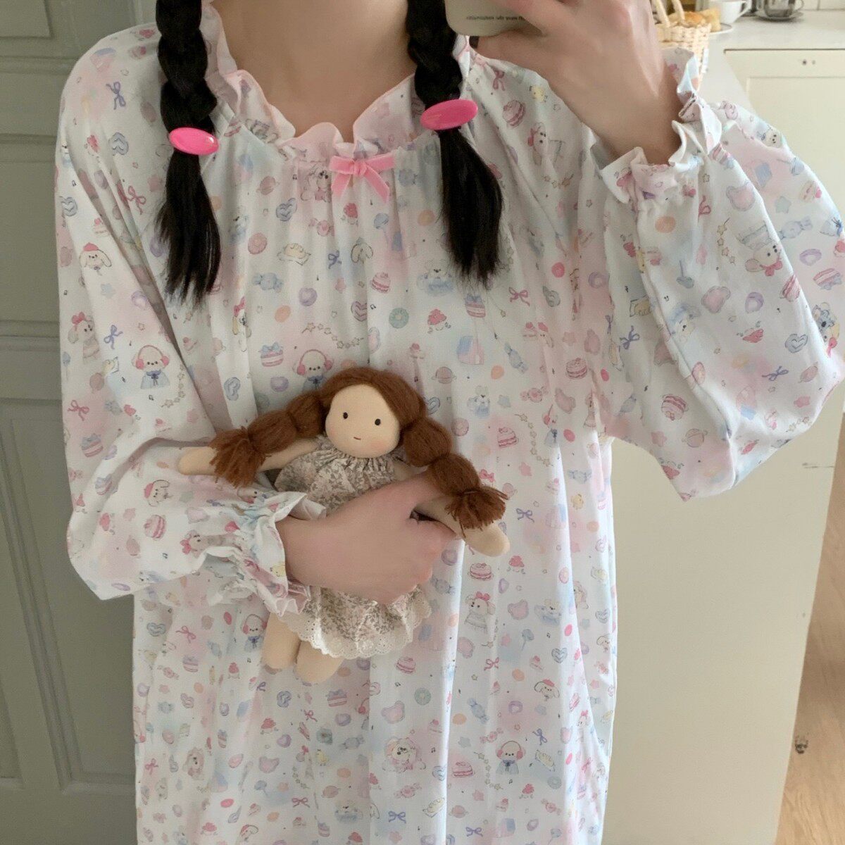 全棉双层棉纱｜四季全棉清新水母小象木耳花边领春秋长袖睡裙家居