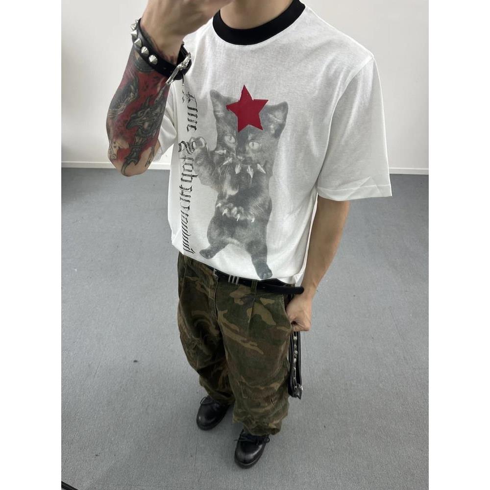 EM美式猫咪印花短袖T恤女图片