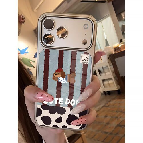条纹小狗玻璃壳适用苹果17promax手机壳新款女iphone16e大孔15/14/13全包边14plus卡通12p高级11pm防摔保护套