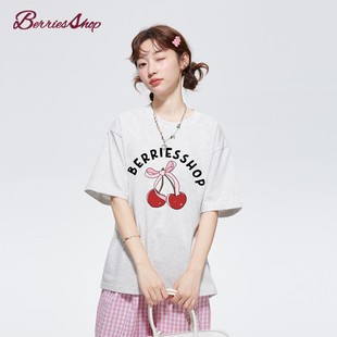 莓好商店 女宽松甜美上衣 少女感韩系蝴蝶结字母樱桃2025夏季 短袖