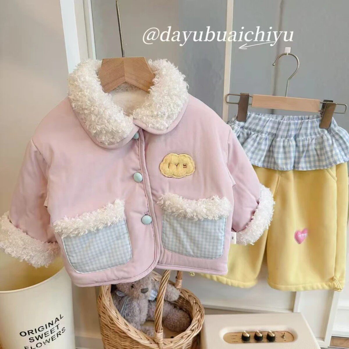 韩版女童棉服26秋冬新款马卡龙色翻领毛毛保暖棉服外套加绒直筒裤