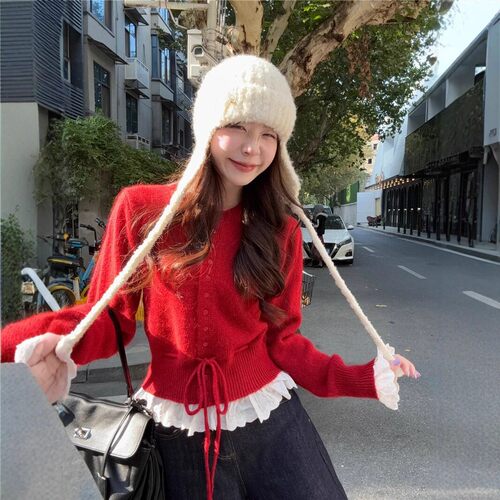 秋冬韩系甜美假两件收腰针织开衫