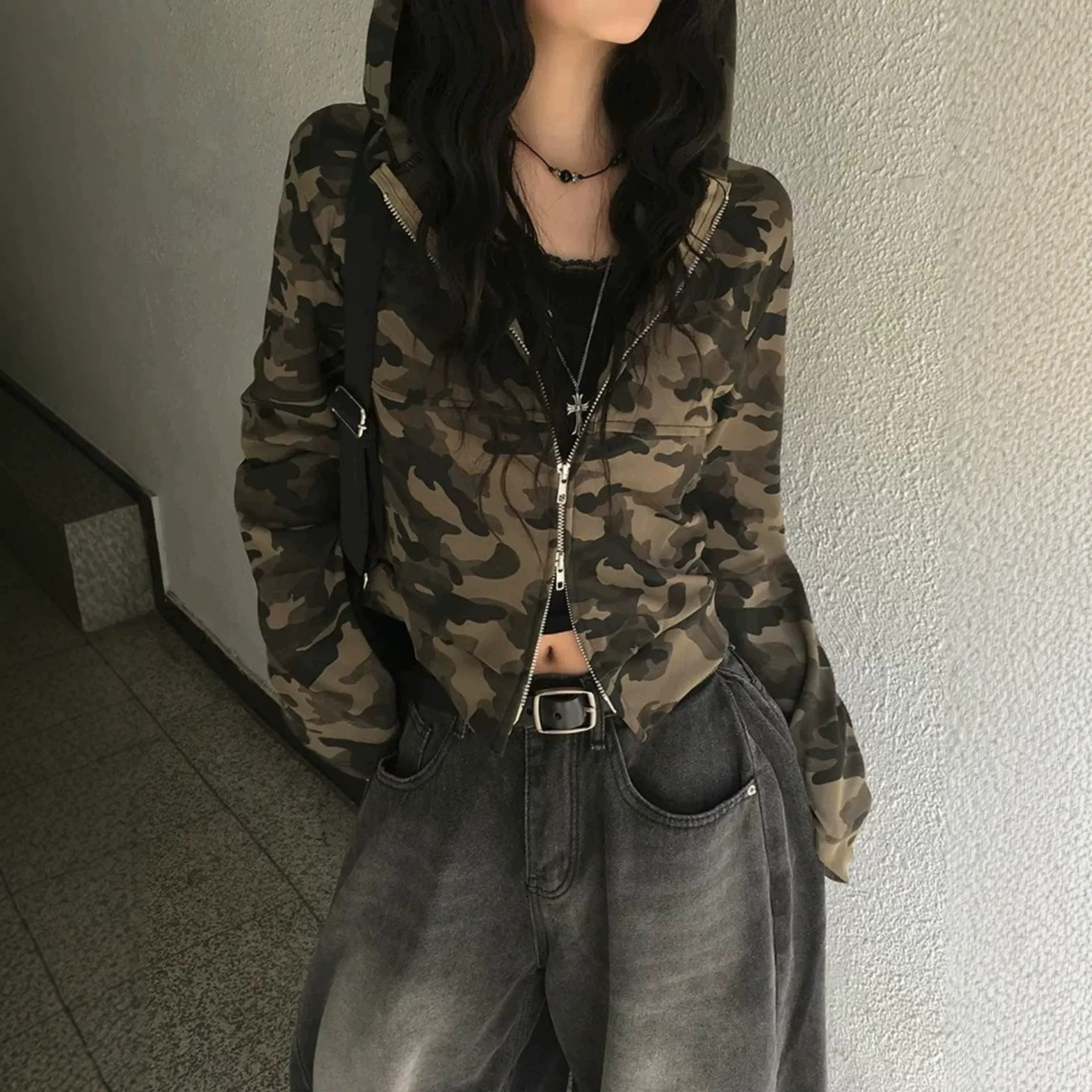 美式复古迷彩双拉链连帽卫衣外套