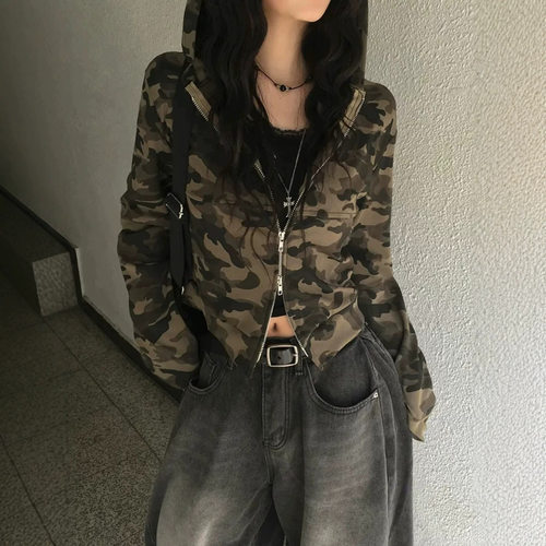 美式复古迷彩双拉链连帽卫衣外套