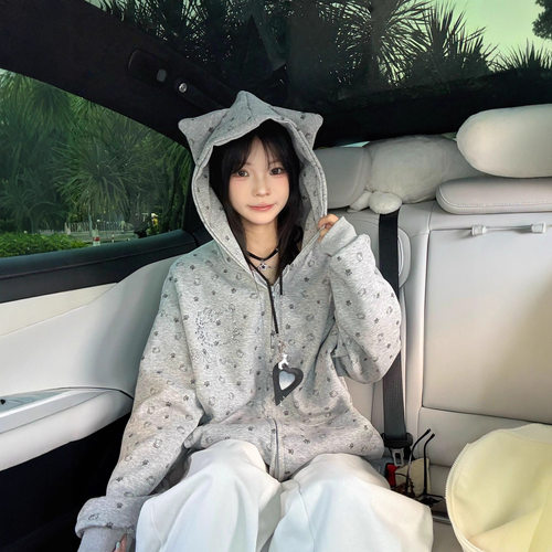 美式复古凯蒂猫连帽开衫加绒卫衣