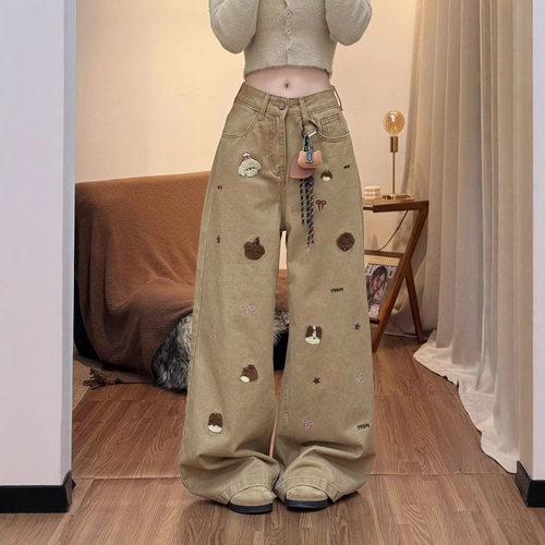 秋新美拉德卡其小狗刺绣阔腿牛仔