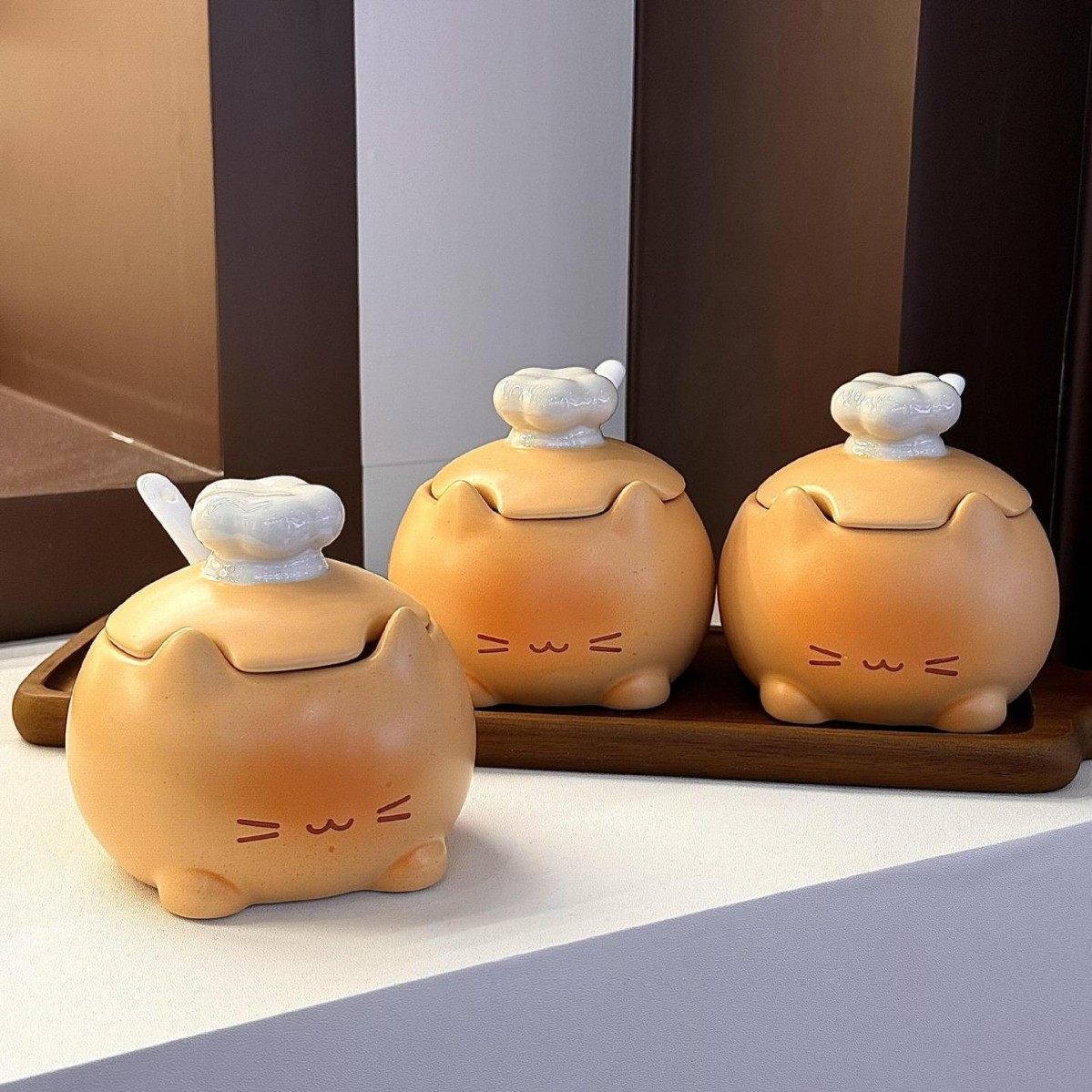 创意卡通釉下彩焦糖猫咪陶瓷调味罐厨房调味瓶罐盐罐家用调料盒