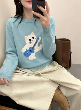 冬季女士猫咪蓝色毛衣女2025新款针织打底衫内搭可外穿上衣秋冬